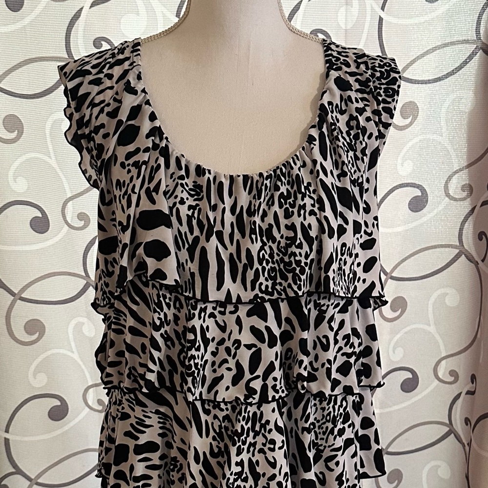 Milano Black and White Animal Print Ruffle Blouse